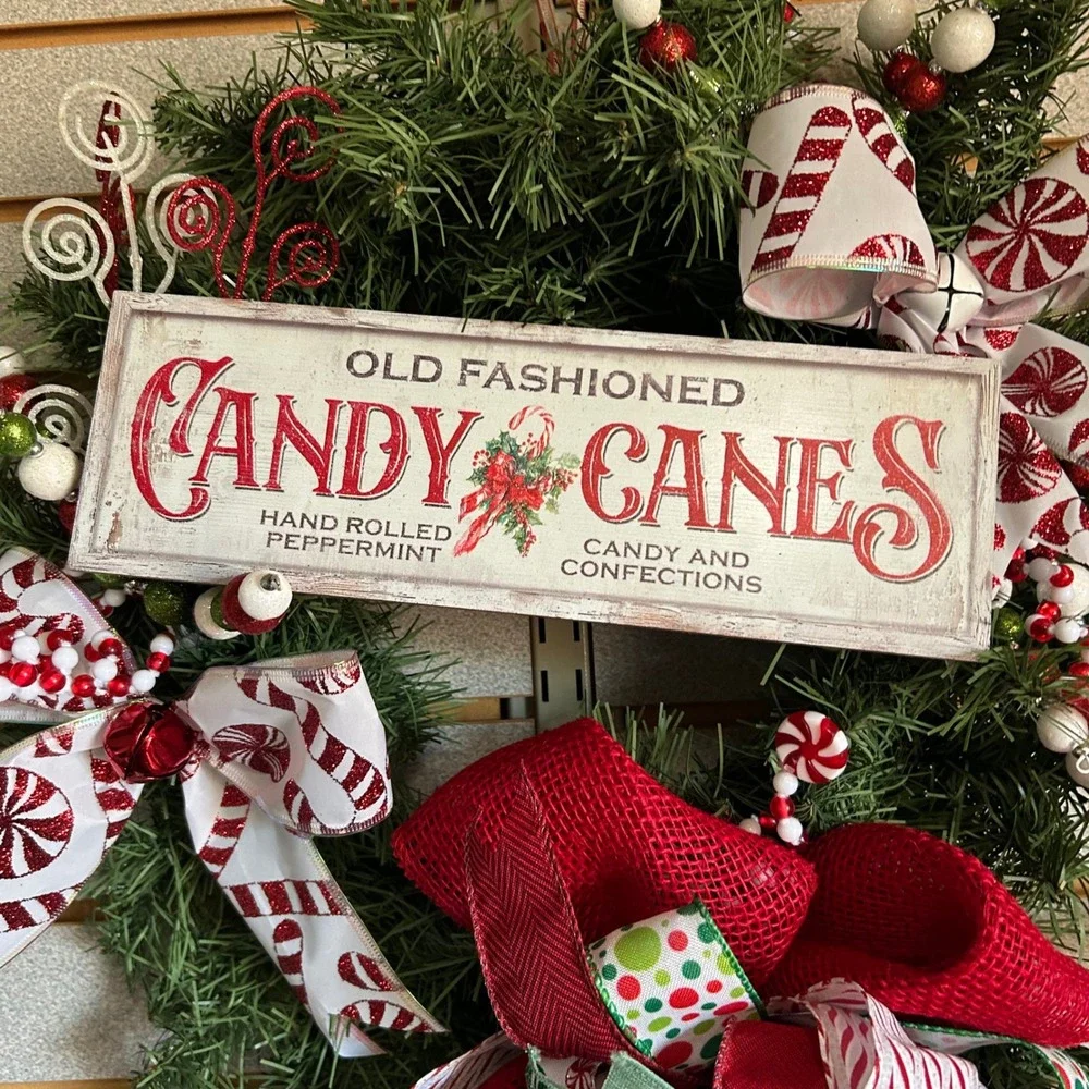 Candy Cane Christmas Wreath Holiday Decoration Winter Door Decor Sign 14 in base